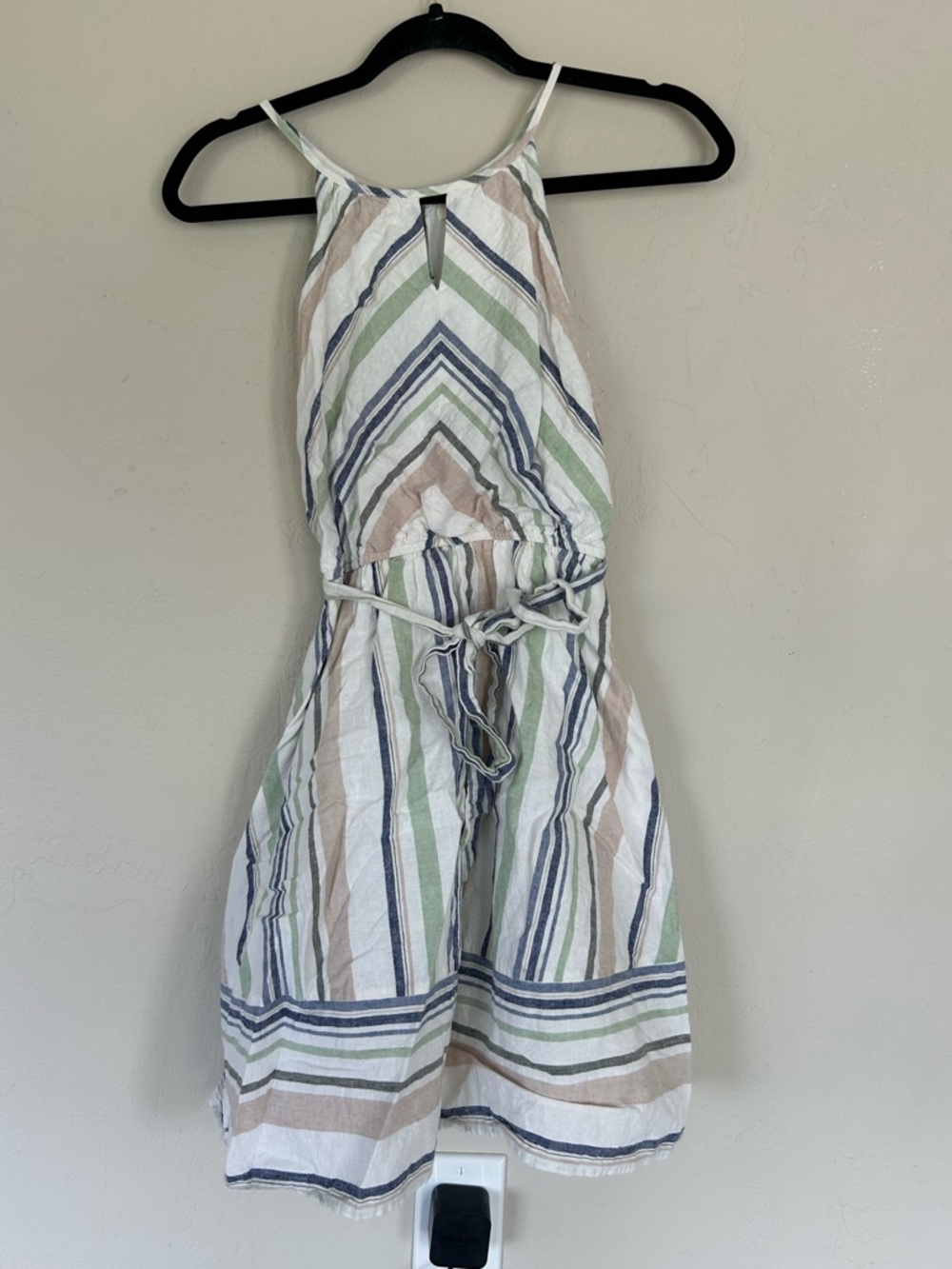 Miami Ivory Striped Halter Dress Size Medium Belted Linen Blend (1642)